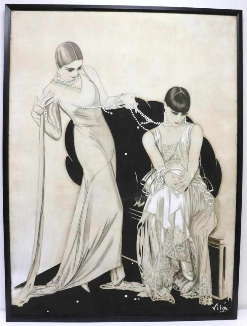 Emilio Vila Gorgoll (Spanish, 1887-1967) Charcoal on Paper: Emilio Vila Gorgoll (Spanish, 1887-1967) Charcoal on Paper. Paper on Canvas. Art Deco, depicting two women with pearls. Dated 1930 and signed lower right. Measures approx. - 45 3/4" wide x 61 1/2" hig