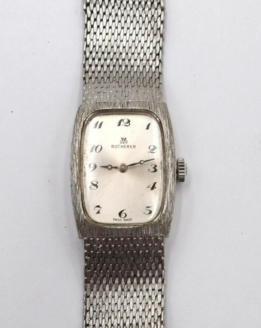 Vintage Bucherer 14Kt Gold Filled Wristwatch: Vintage Bucherer 14Kt Gold Filled Wristwatch. 17 jewels, swiss, 3 position adjustments, white gold filled mesh band, stainless steel back.