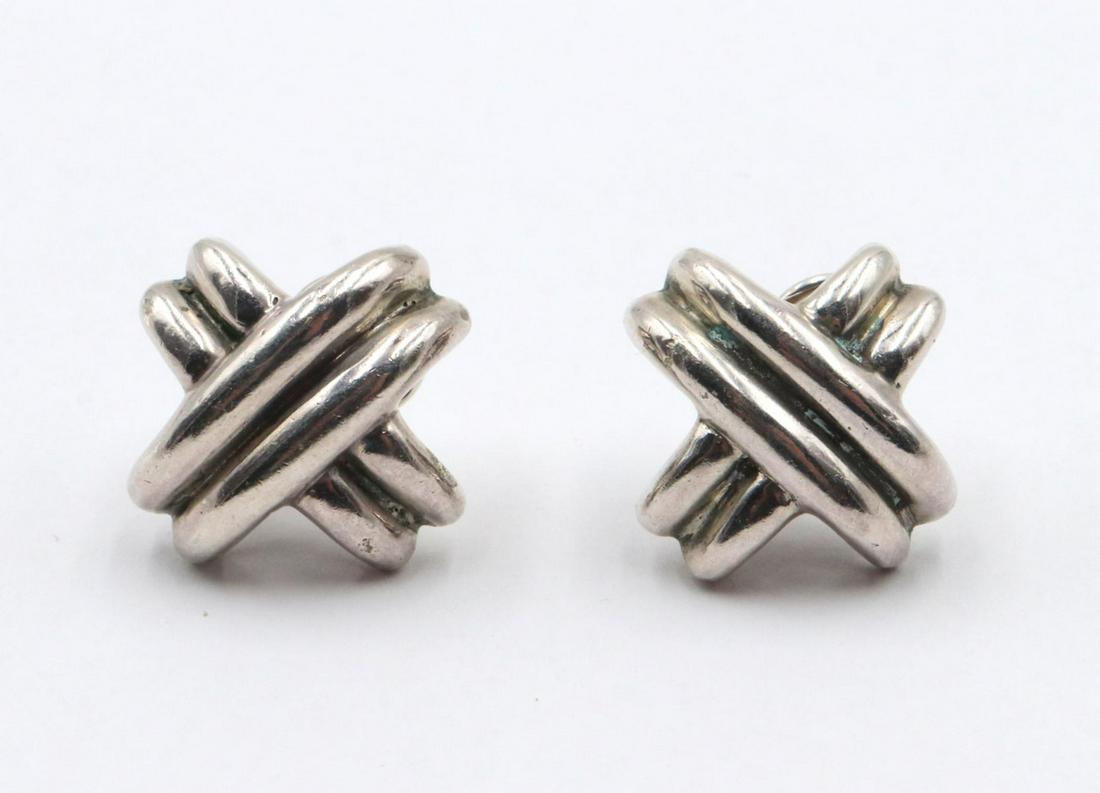 Tiffany & Co. "X" Sterling Silver Earrings: Tiffany & Co. "X" Sterling Silver Clip On Earrings. Weight - 16.4 grams. With pouch.