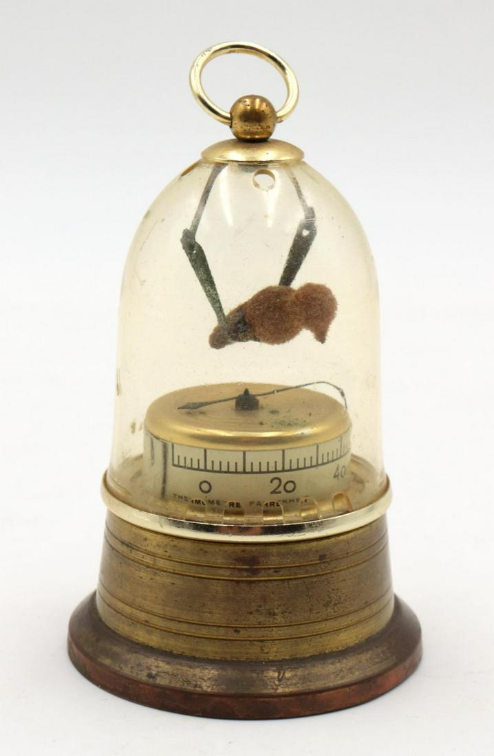 Antiqued Brass & Domed Glass Bird Case Thermometer (1 of 2)