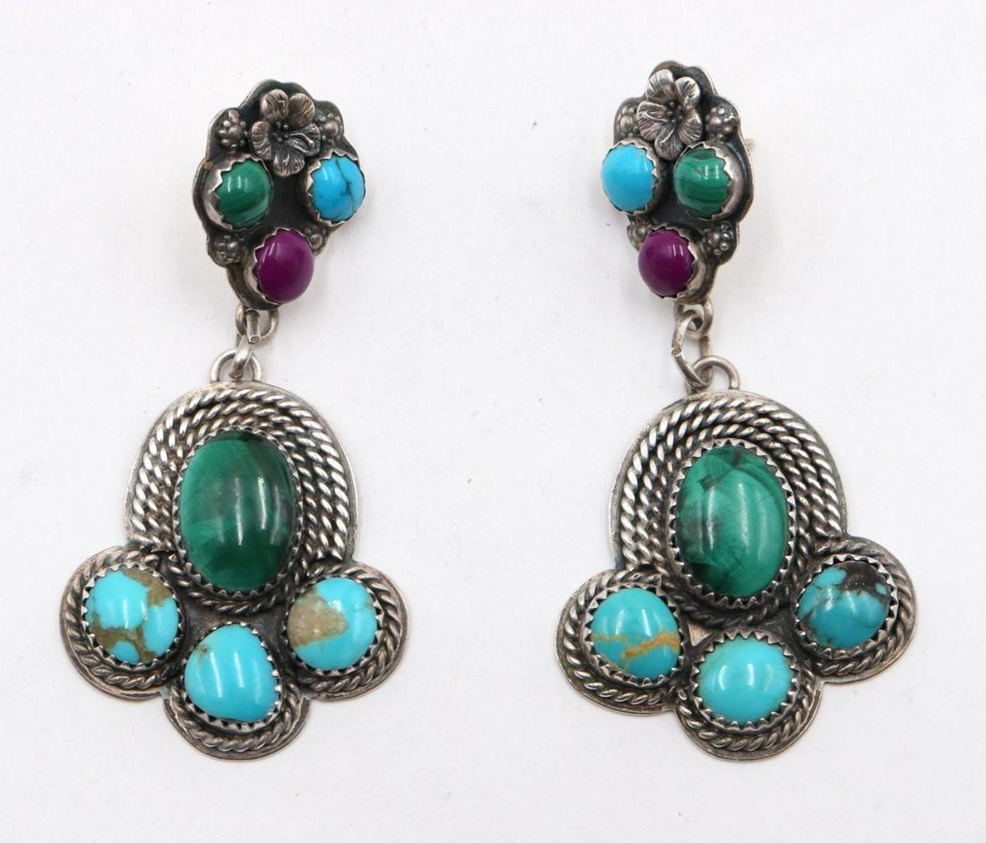 Signed L.Y. Malachite, Turquoise & Amethyst Earrings (1 of 2)