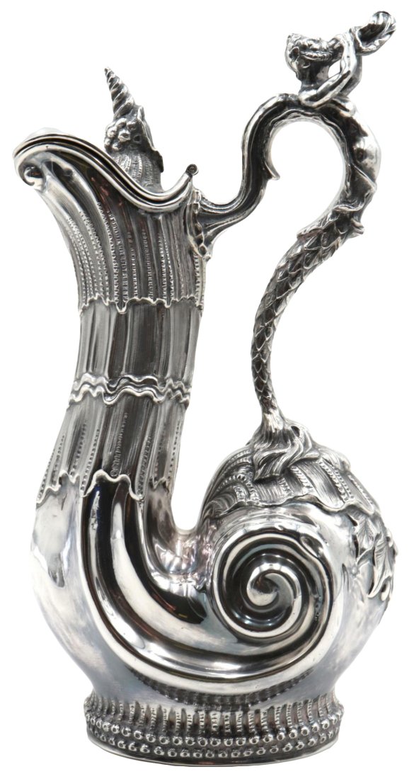Rare Jean Emile Puiforcat Sterling Silver Ewer: Rare Jean Emile Puiforcat (French, 1897-1945) Sterling Silver Ewer. Beautiful wine jug, depicting a figural merman forming the handle blowing a horn with a seashell horn to the lid. Hand chased leaf a