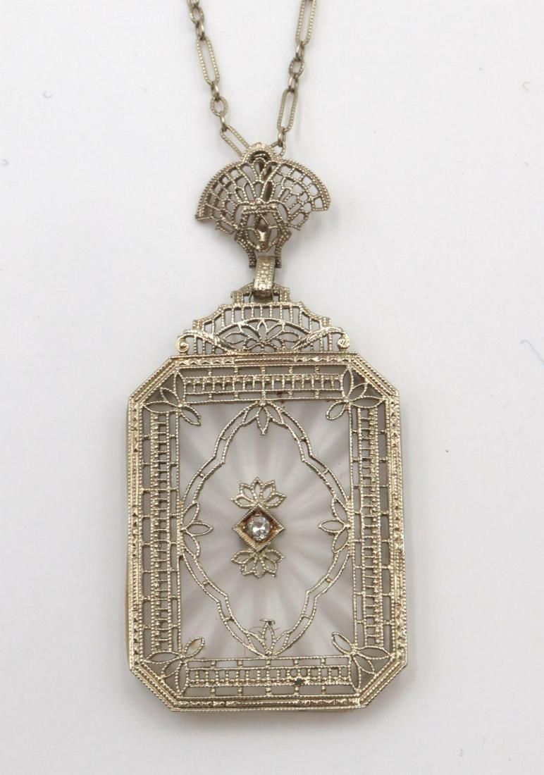 14Kt Art Deco Style Diamond & Crystal Pendant w/ Necklace (1 of 3)