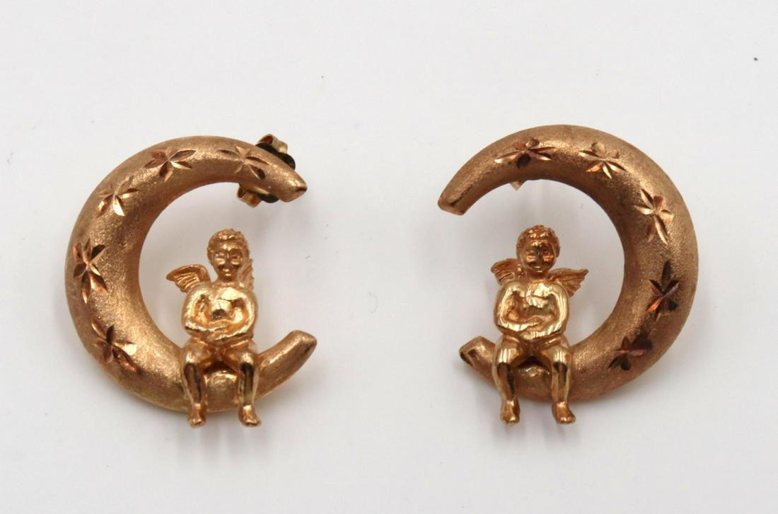 14Kt Cupid on Moon Earrings: 14Kt Yellow Gold Cupid on Moon Earrings. Weight approx. - 3.3 dwt.