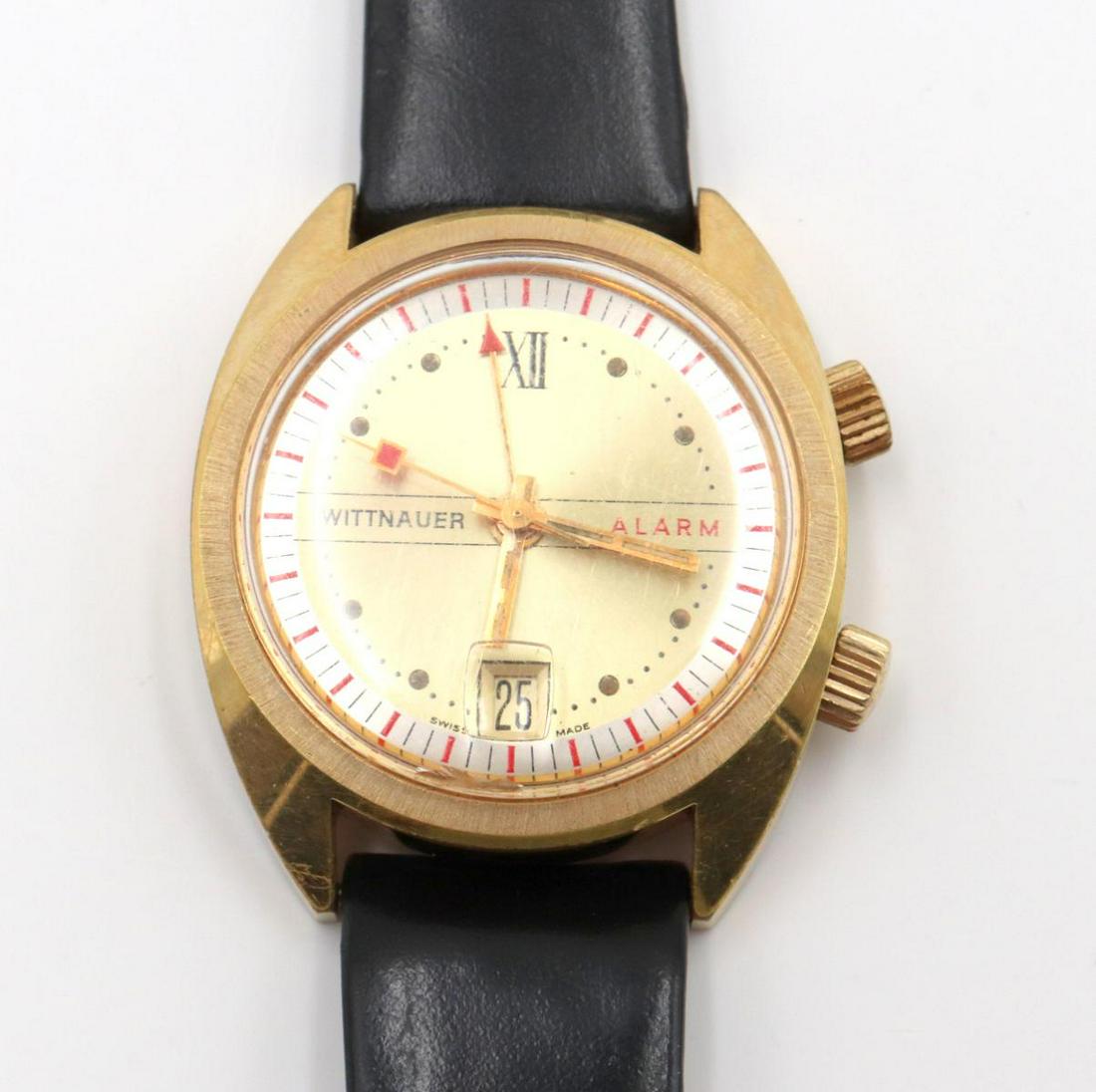 Wittnauer Men's Alarm Calendar Wristwatch: Wittnauer Men's Alarm Calendar Wristwatch. Swiss, 1960's, 17 jewels, gold filled with stainless steel back.