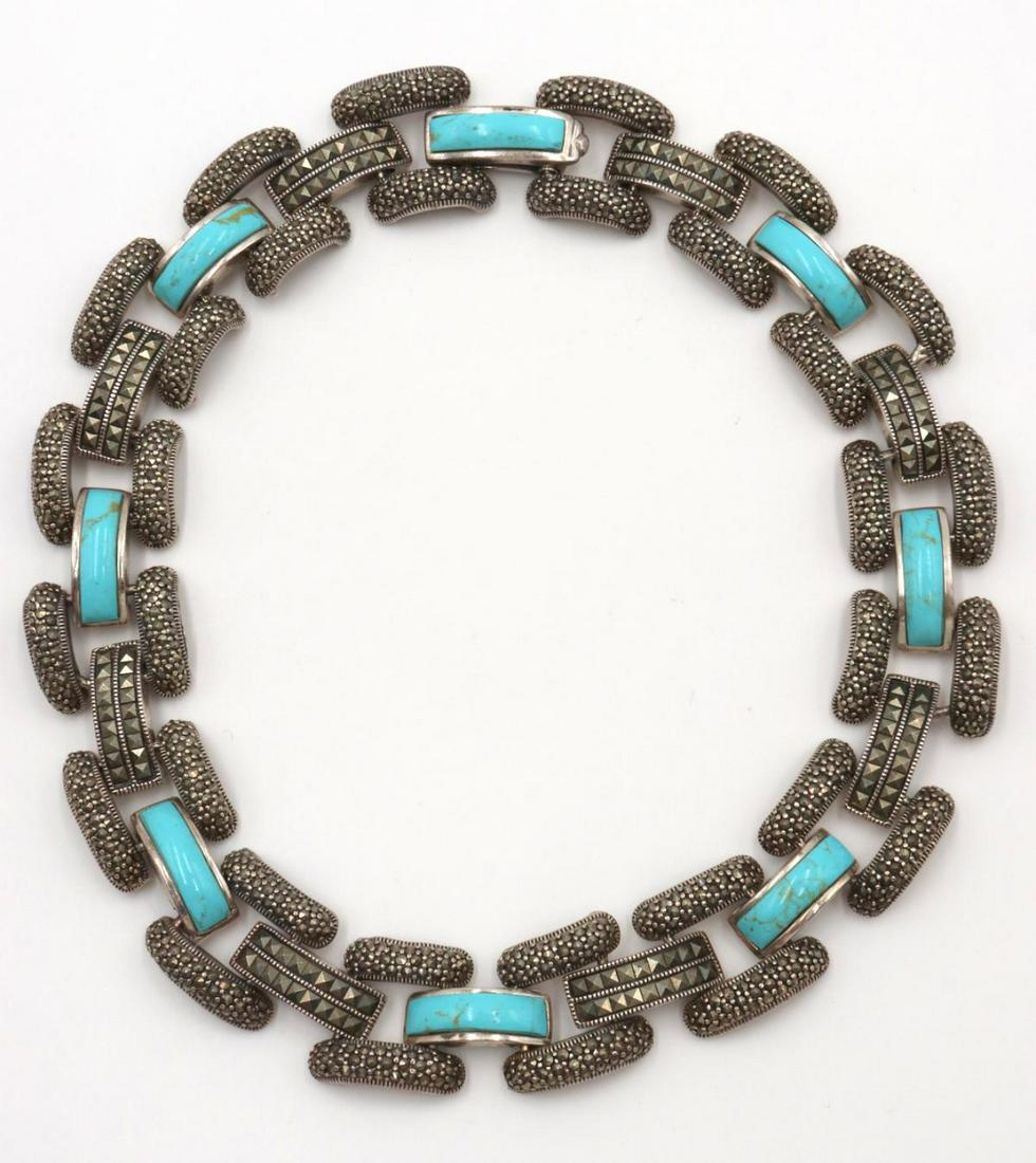 Vintage Turquoise & Marcasite Sterling Silver Necklace: Vintage Turquoise & Marcasite Sterling Silver Necklace. Measures approx. - 15" long. Weight approx. - 106.3 grams.