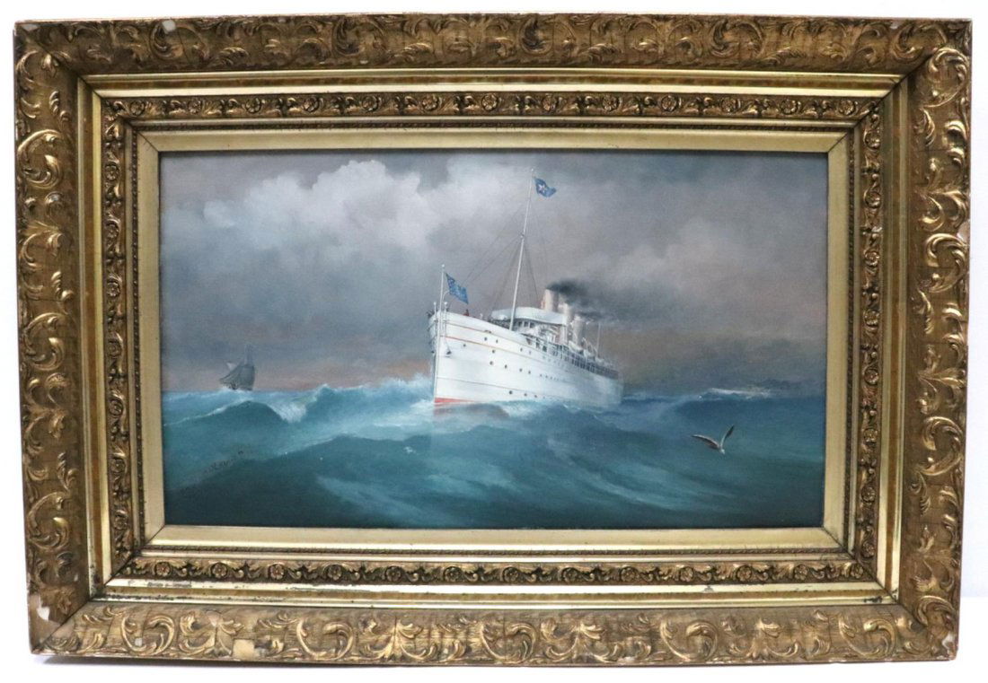 Antique 19th C. Signed Nautical Oil Painting on Canvas (1 of 7)