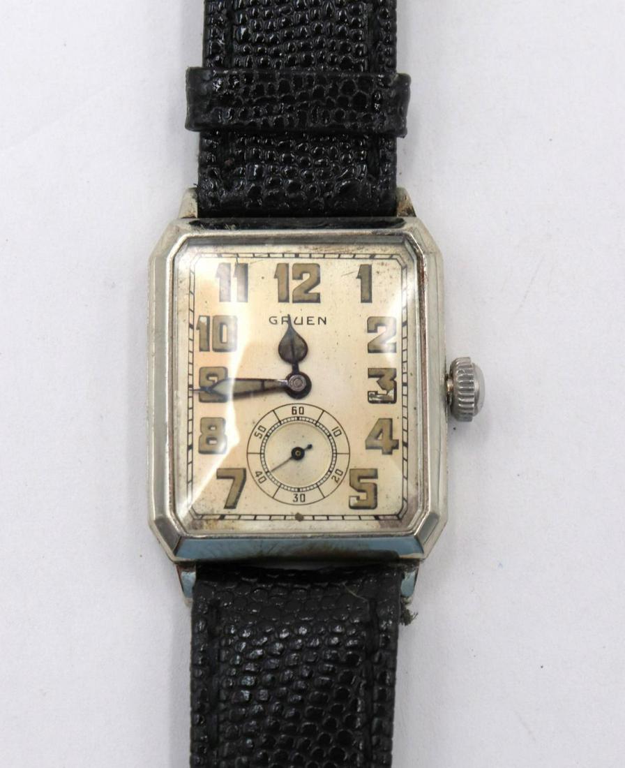 Gruen Art Deco White Gold Filled Tank Watch: Gruen Art Deco White Gold Filled Tank Watch. Square cut corners, luminous dial, 15 jewels, 3 adj, 1934.