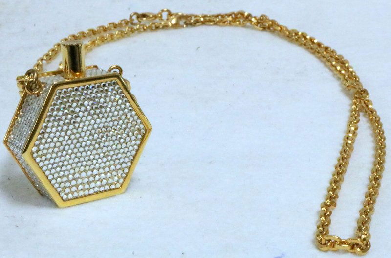 Judith Leiber Swarovski Crystal Perfume Bottle Necklace: Judith Leiber Swarovski Crystal Perfume Bottle Necklace. Measures - 41" long.