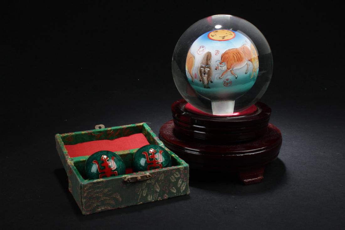 Crystal Ball and Two Cloisonne King Fu Balls: Crystal Ball (comes with wooden stand) and Two Cloisonne King Fu Balls. Diameter: 4.25" (crystal ball) 1.5 " (cloisonne ball)
