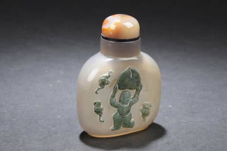Chinese Agate Snuff Bottle: Chinese Agate Snuff Bottle, depicting a childing holding a large peach surrounded by auspicious bats. Height: 3"