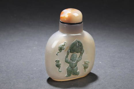 Chinese Agate Snuff Bottle: Chinese Agate Snuff Bottle, depicting a childing holding a large peach surrounded by auspicious bats. Height: 3"