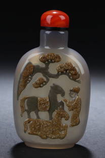 Chinese Snuff Bottle: Chinese Snuff Bottle, depicting a gentleman with horses under pine trees. Height: 3.25 "