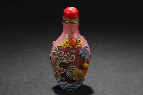 Chinese Peking glass Snuff Bottle: Chinese Peking glass Snuff Bottle, depicting rooster, auspicious bat and crab. Height: 3.25"