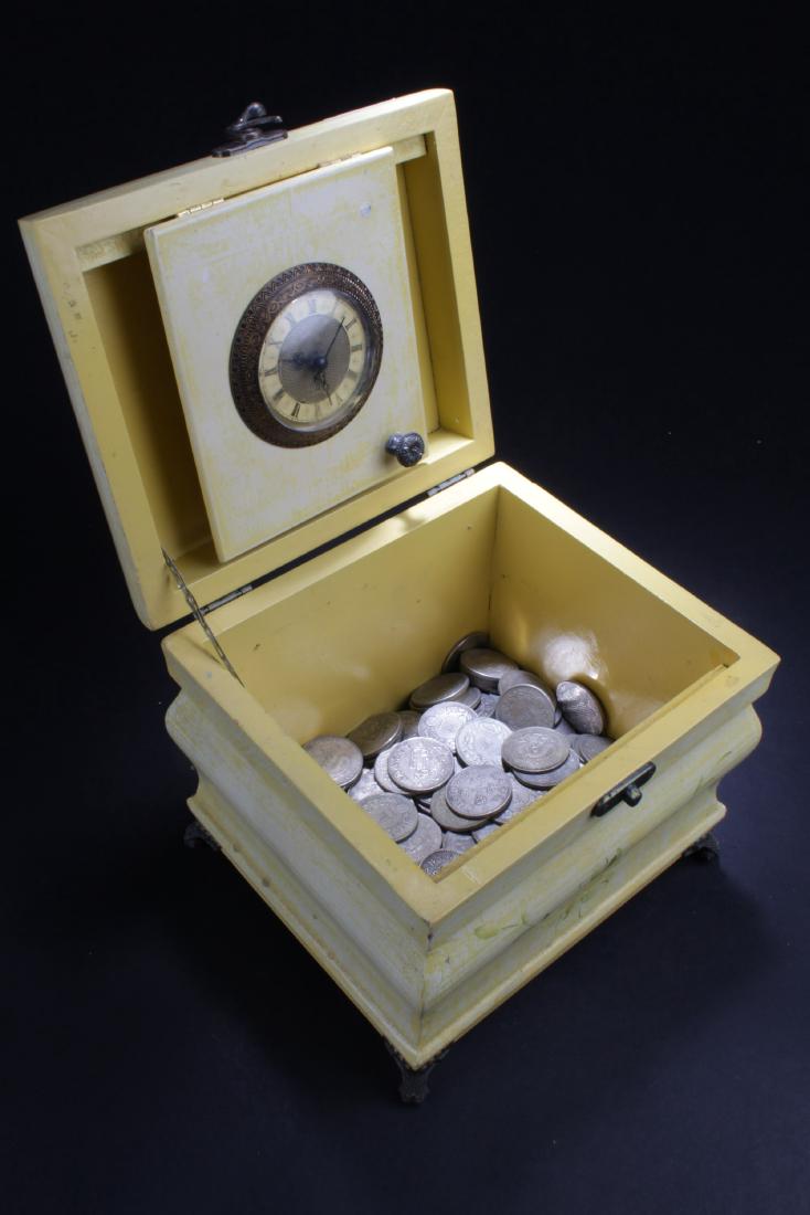 Chinese Wooden Clock Box filled with coins (1 of 7)