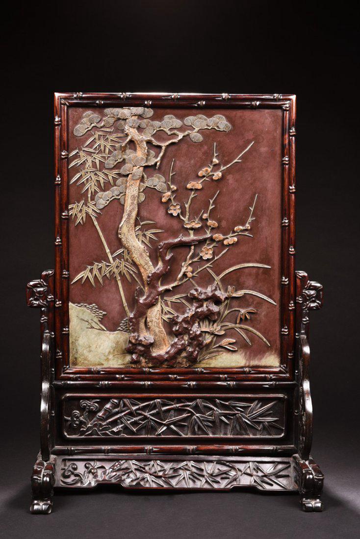 Antique Chinese 'Shuangzhi' wood Table Screen with Duan (1 of 10)