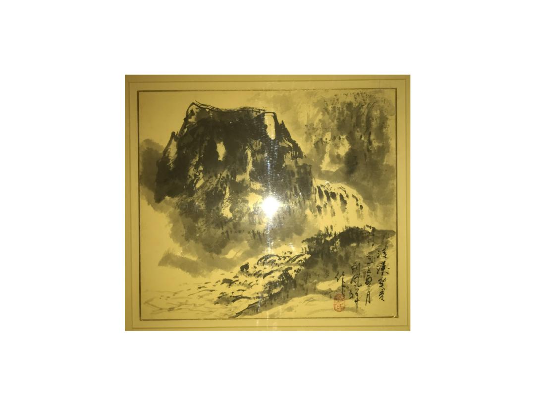 Chinese Framed Painting: Ink on paper, depicting mountain landscape, signed with seal attributed to Liu Feng Xiang. Length: 10.5 " Height: 9.5 "