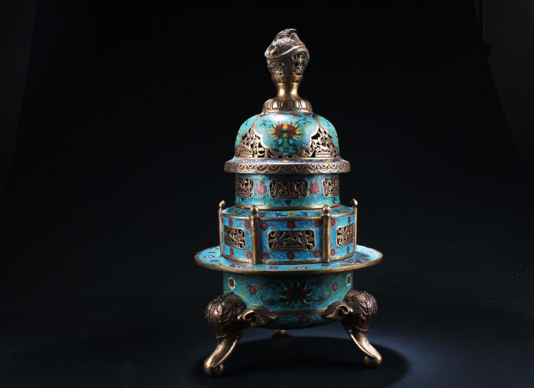 A Chinese Cloisonne Tripod Incense Burner: A Chinese Cloisonne Tripod Incense Burner. Height: 20.5"