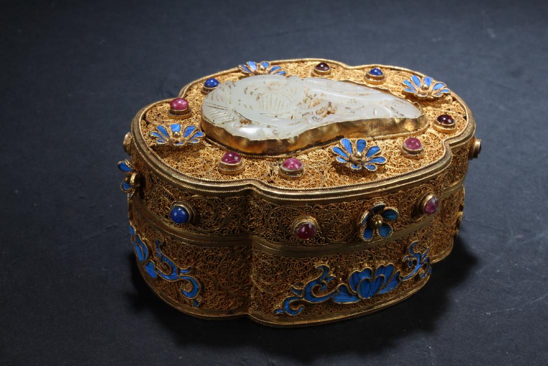 Chinese Gilt Silver, White Jade and Stone Covered Box (1 of 5)