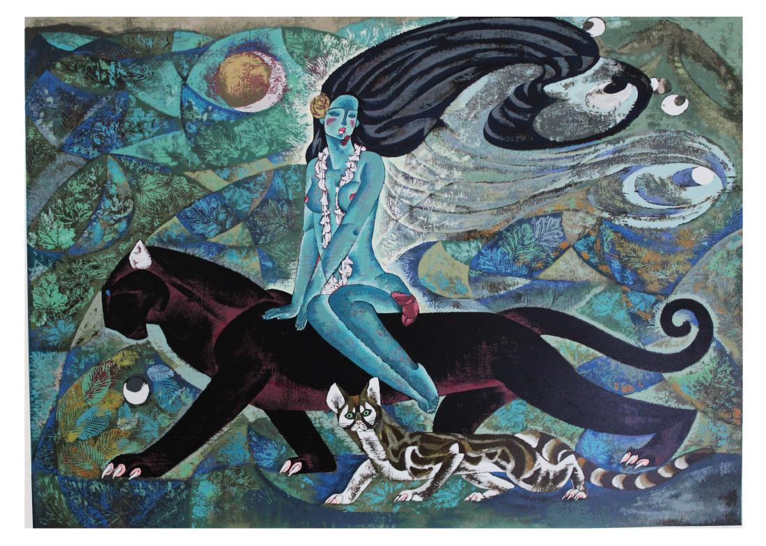 A Screen Print Painting, Zhou Ling, Limited Edition: A Screen Print Painting, Zhou Ling, Limited Edition (193/300). Length: 37" Height: 26"