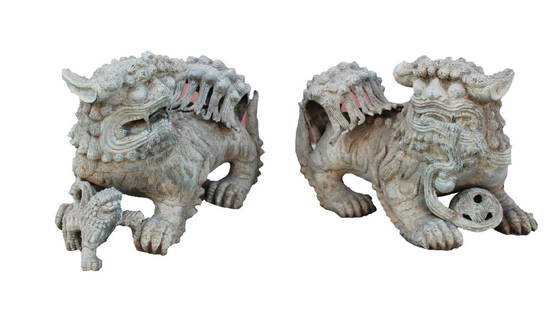 A Pair of chinese Bronze Foo Dog Display: A Pair of chinese Bronze Foo Dog Display. Length: 22"