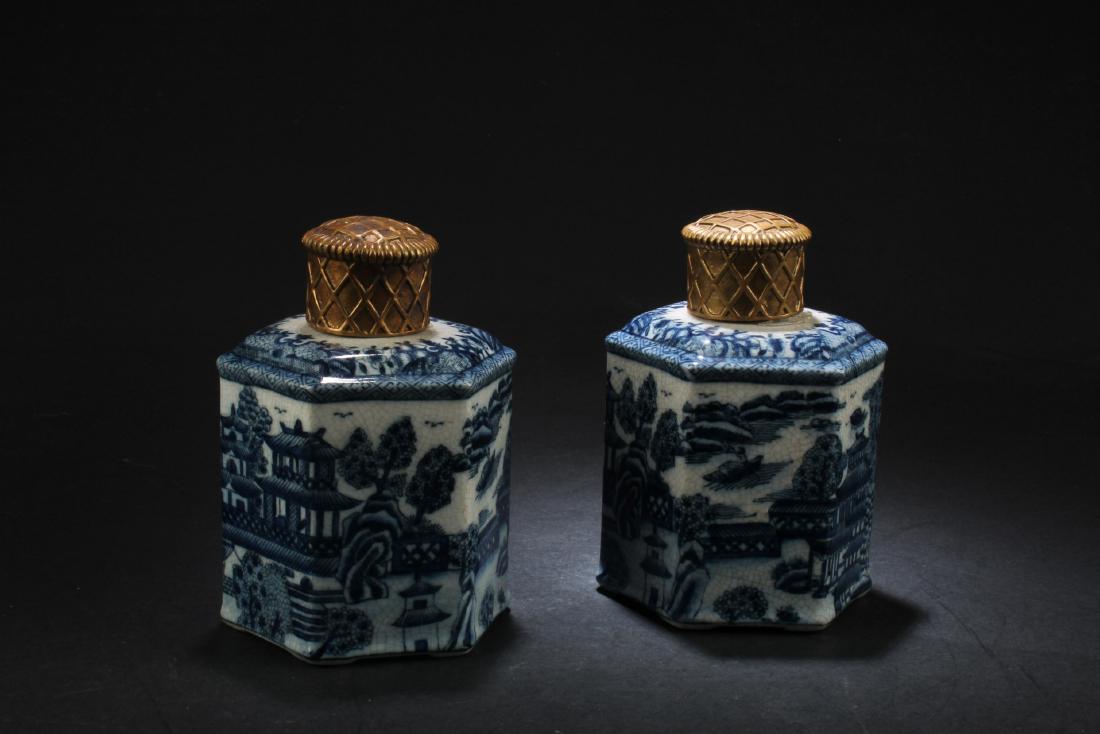 A Pair of Two antique Chinese Blue & White Hex Shaped (1 of 4)