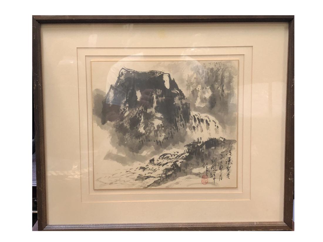 Chinese Framed Painting: Ink on paper, depicting mountain landscape, signed with seal attributed to Liu Feng Xiang. Length: 10.5 " Height: 9.5 "