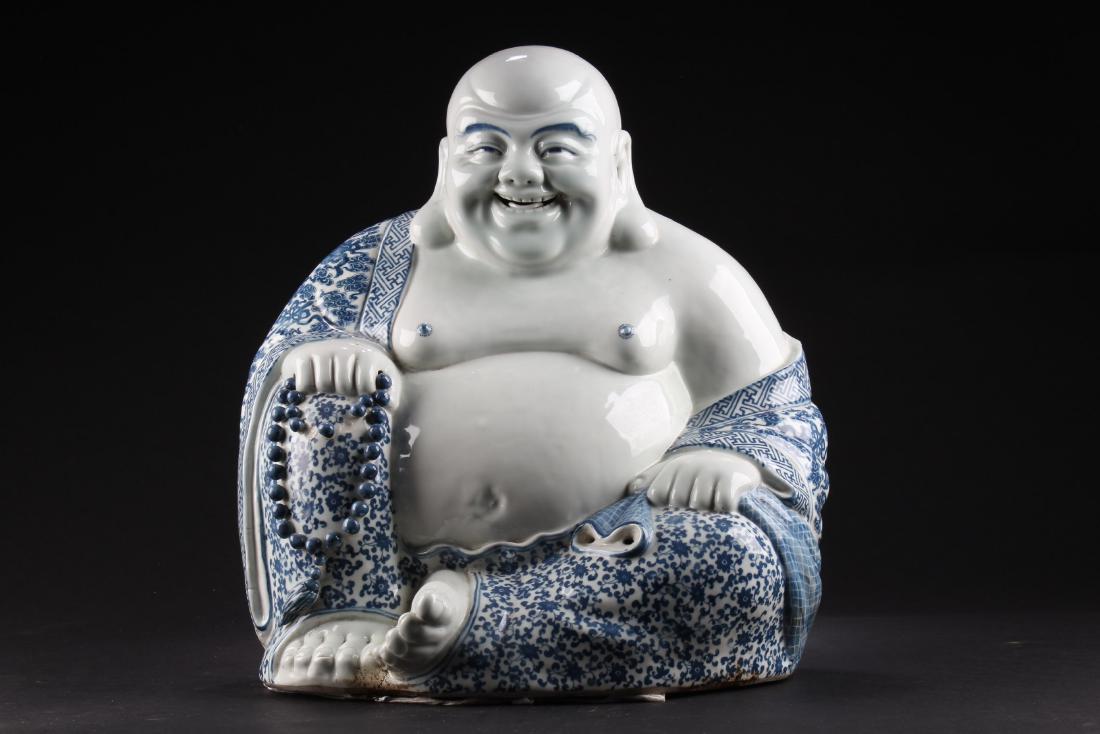 Chinese Blue & White Smiling Buddha Statue (1 of 2)
