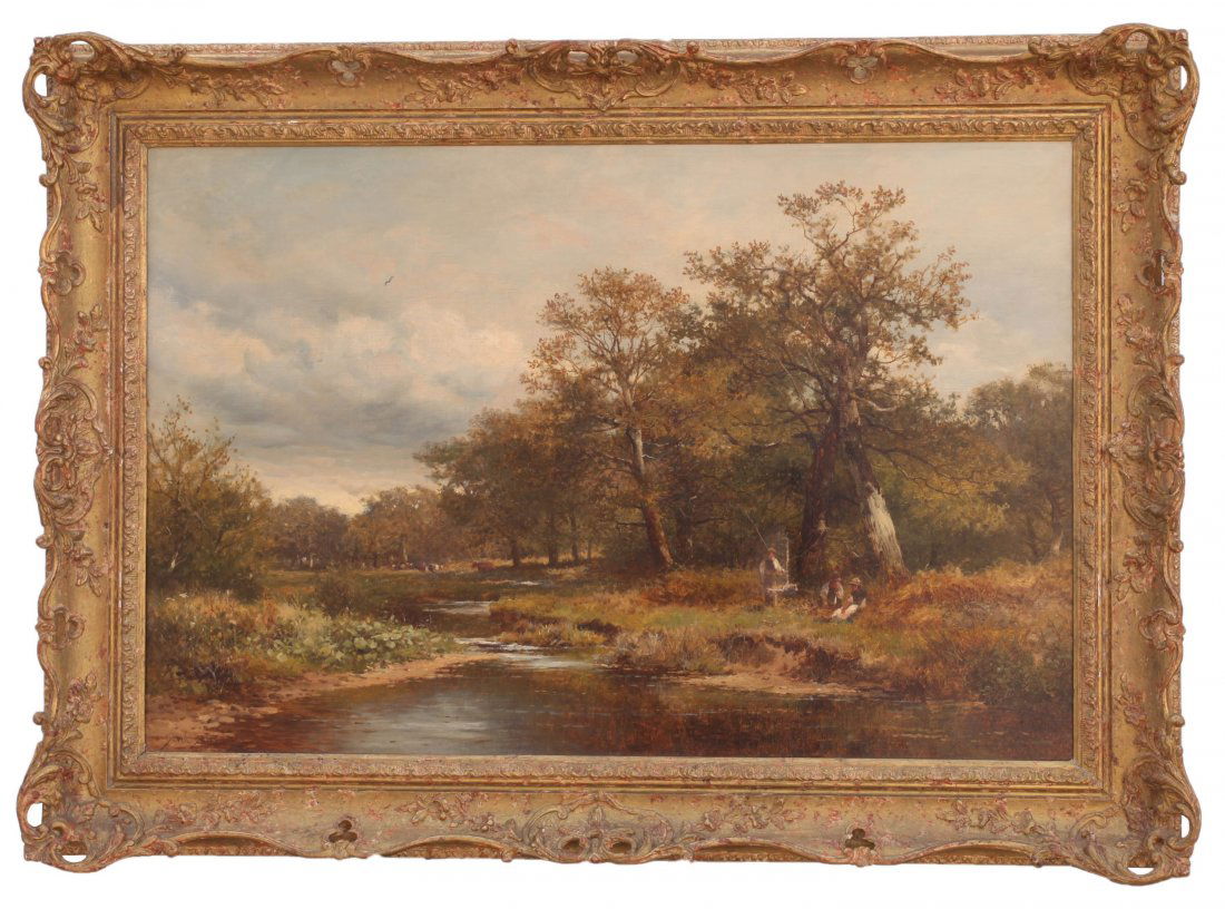 Painting of a Landscape: "GILTWOOD FRAMED OIL ON CANVAS LANDSCAPE PAINTINGSignature to read David Bates. H: 20 in. L: 30 in.Provenance: David Bates, 1840-1921, was an English landscape artist who painted in oils and watercolo