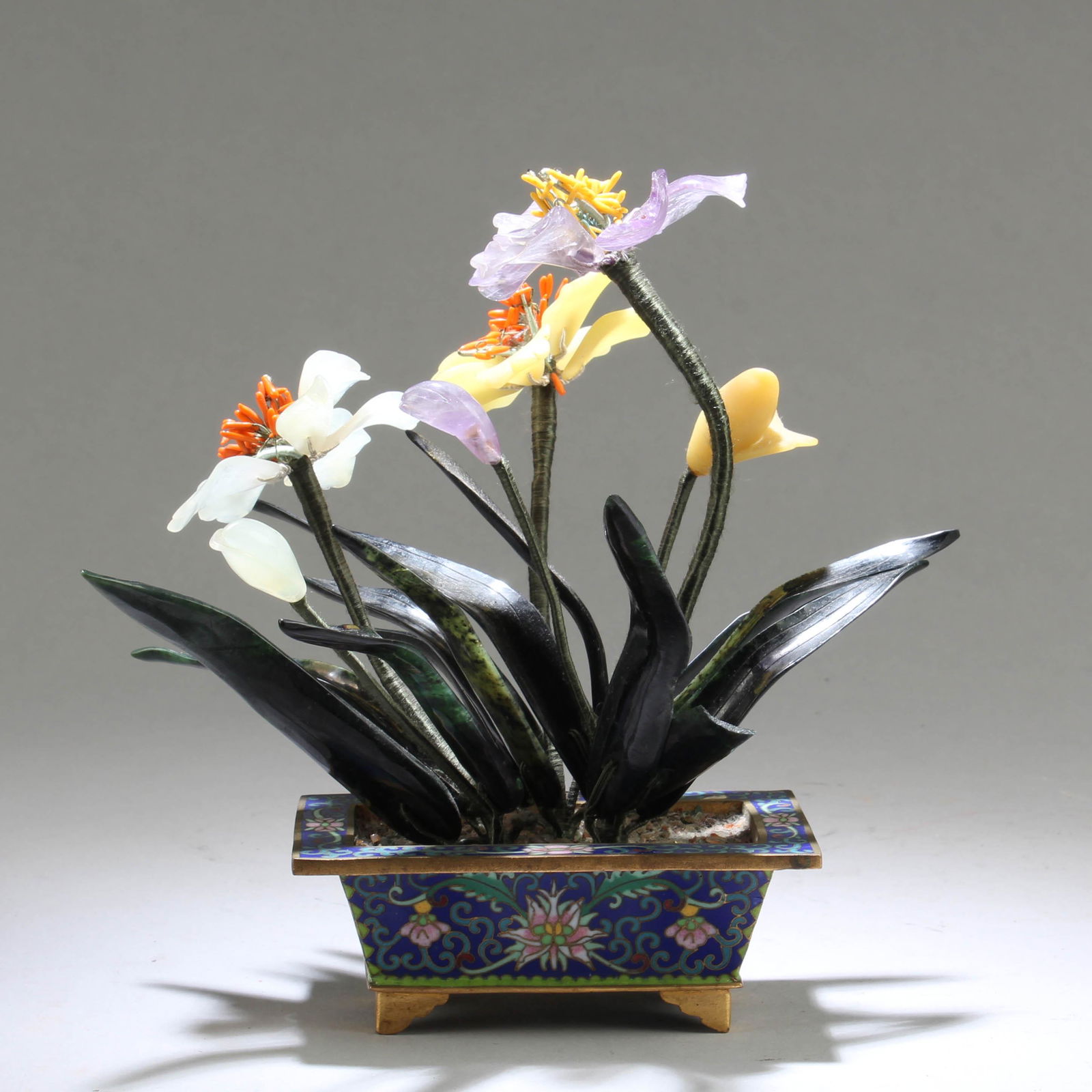 Antique Cloisonne Flower Pot Decorated with Jade (1 of 3)