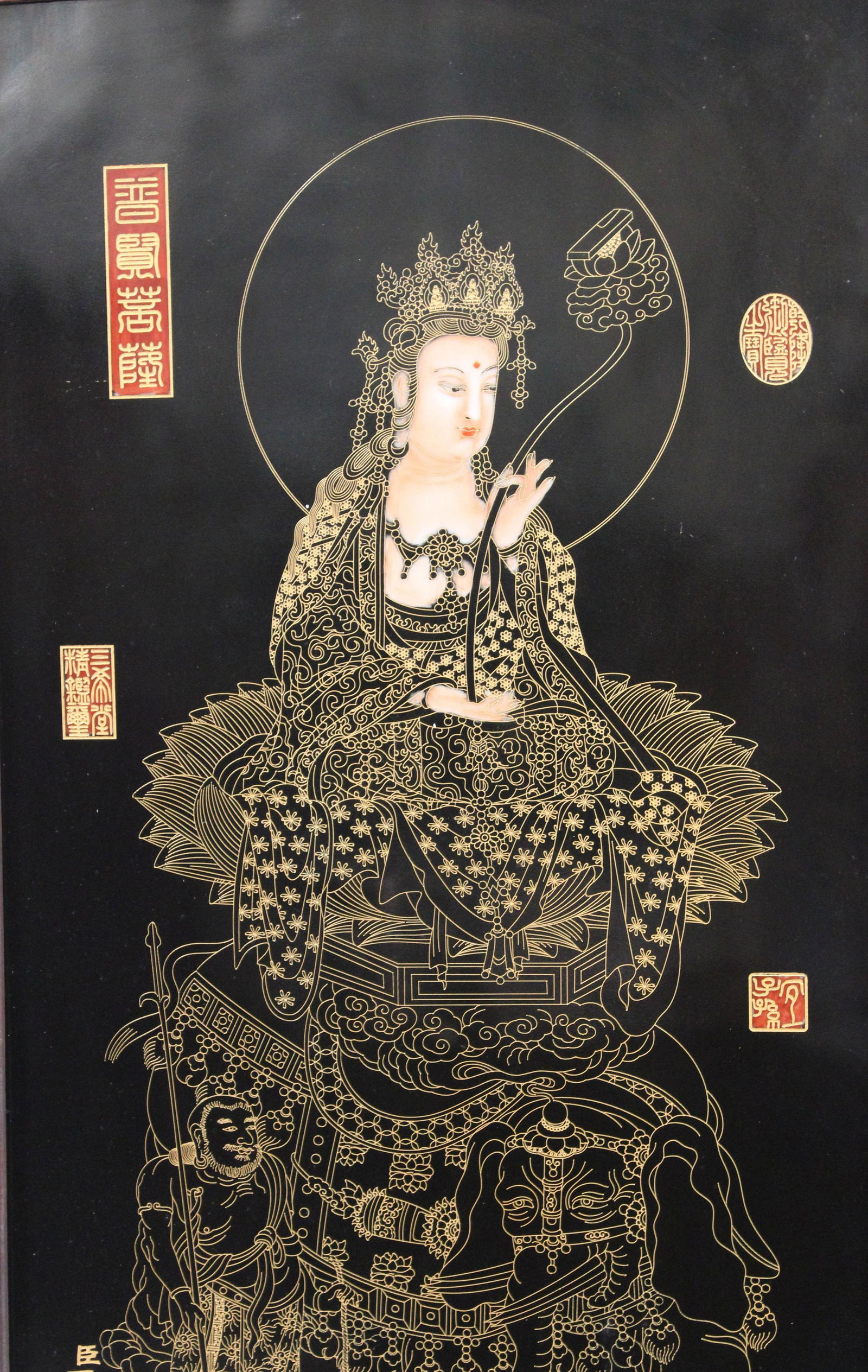 A Pair of Chinese Hardwood Framed Porcelain Guanyin (1 of 13)