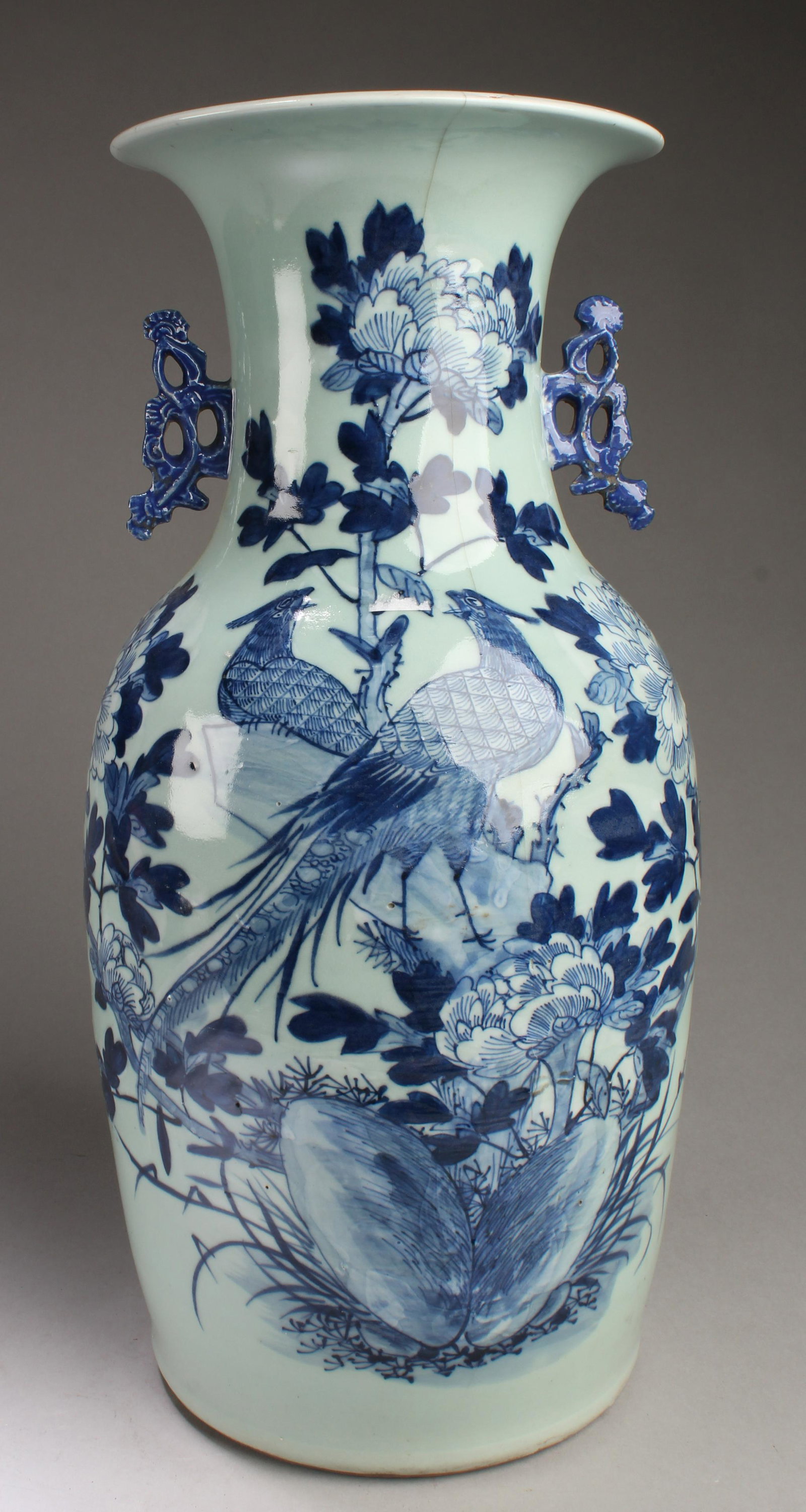 Chinese Blue & White Porcelain Vase with Twin Handles: Chinese Blue & White Porcelain Vase with Twin Handles. Height: 16.75"