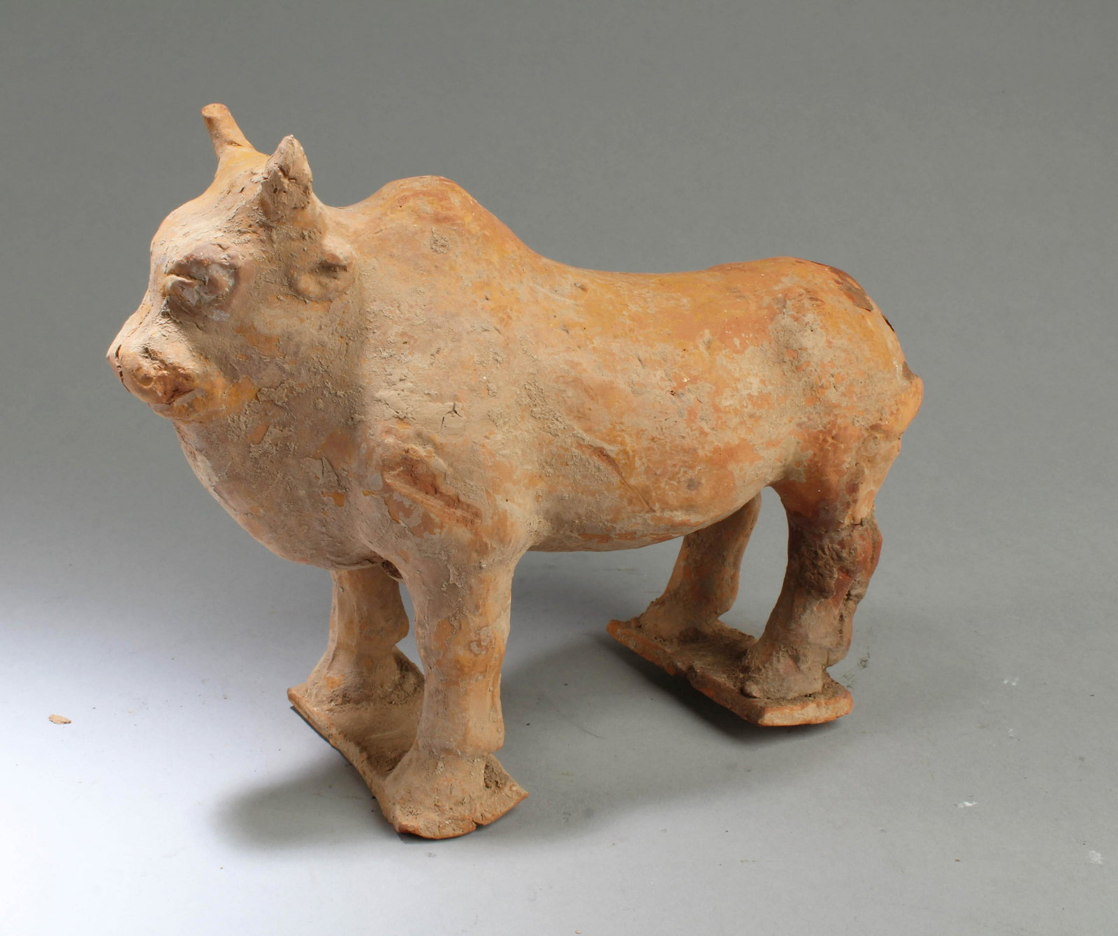 A Han Dynasty Cow Figurine: A Han Dynasty Cow Figurine. Length: 9.5"