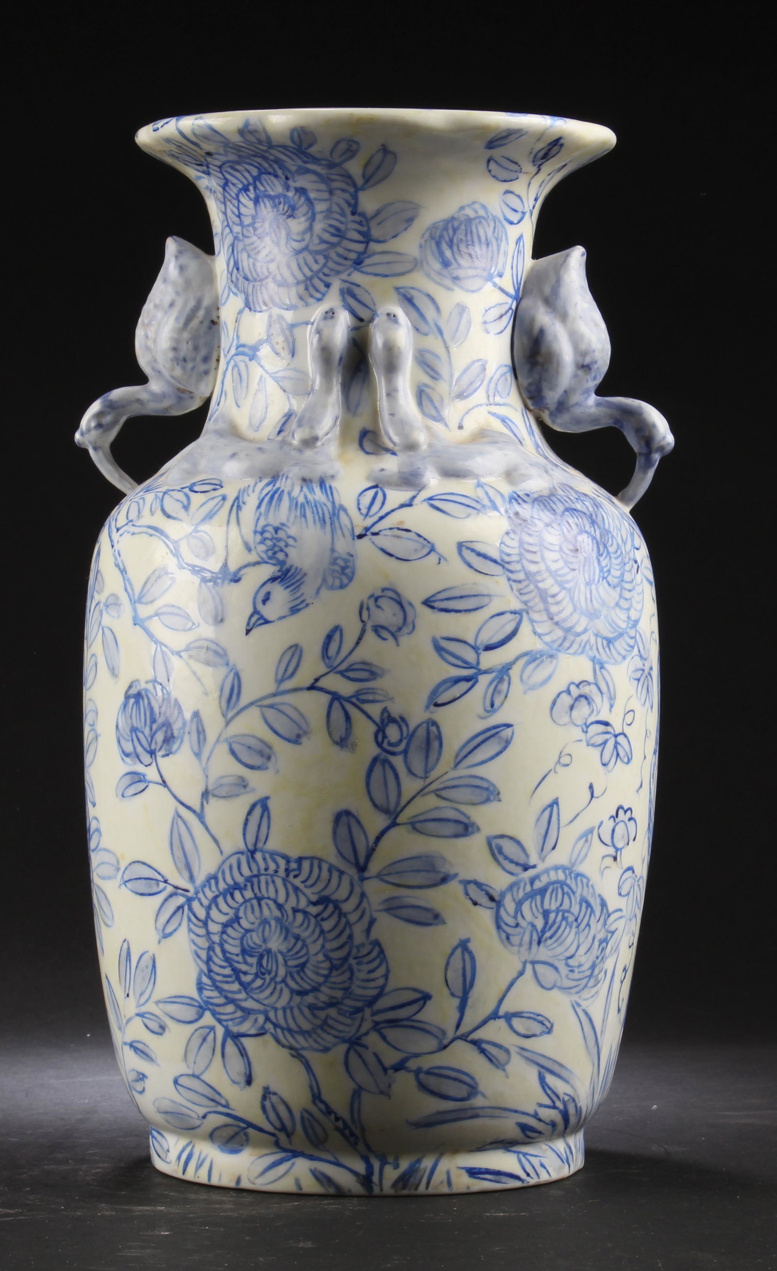 Chinese Blue & White Porcelain Vase: Chinese Blue & White Porcelain Vase, flanked by twin handles. Height: 14"