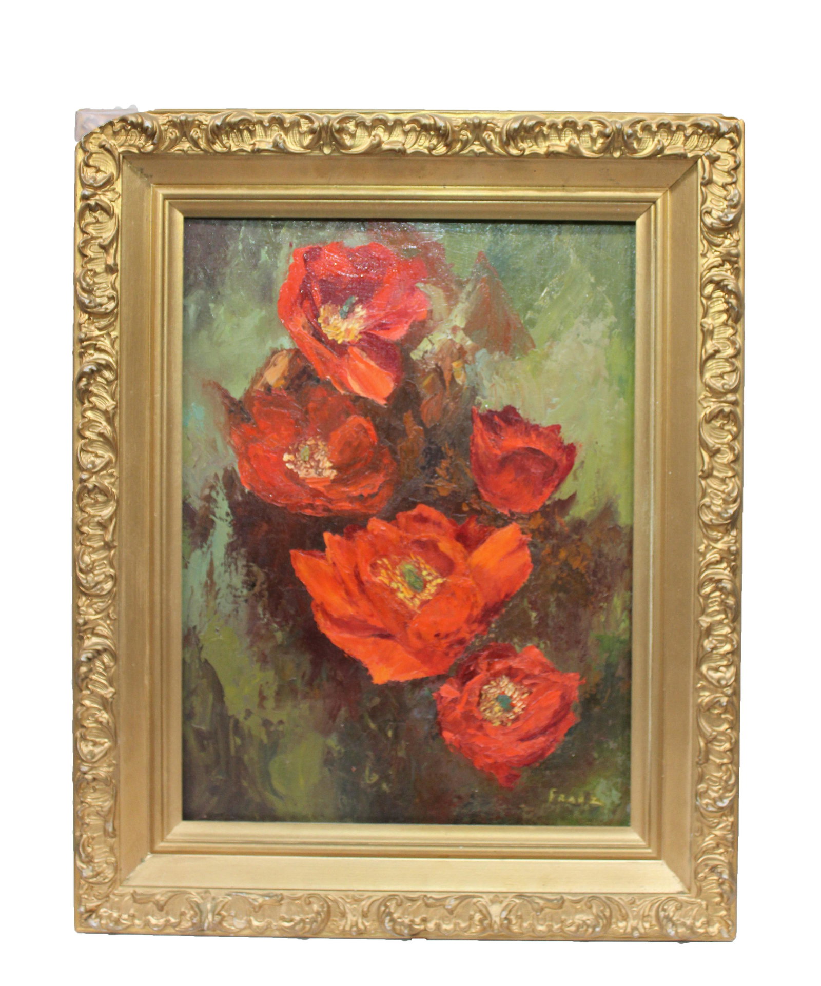 A Framed Oil Painting: A Framed Oil Painting, depicting red flowers, signed by Franz. Length: 16.5" Height: 20.5" (Frame)