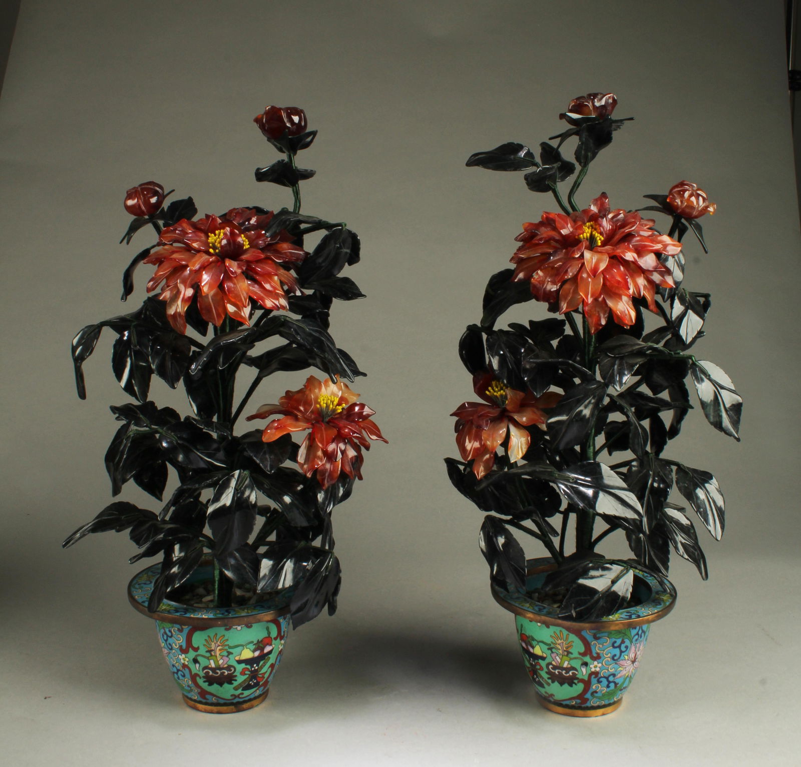 A Pair of Cloisonne Flower Pots with Agate/Jade Flower (1 of 4)