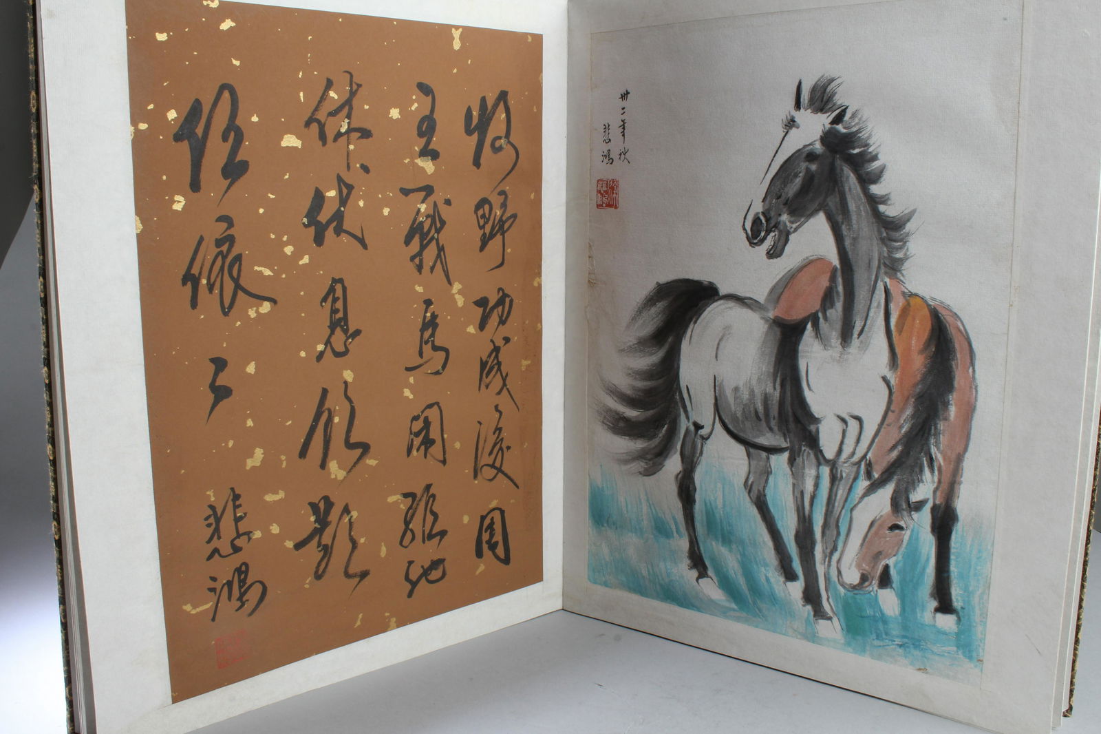 Chinese Painting Book Album: Chinese Painting Book Album, depicting horses, signed with seal attributed to Xu Bei Hong. Length: 13.75" Height: 17.75"