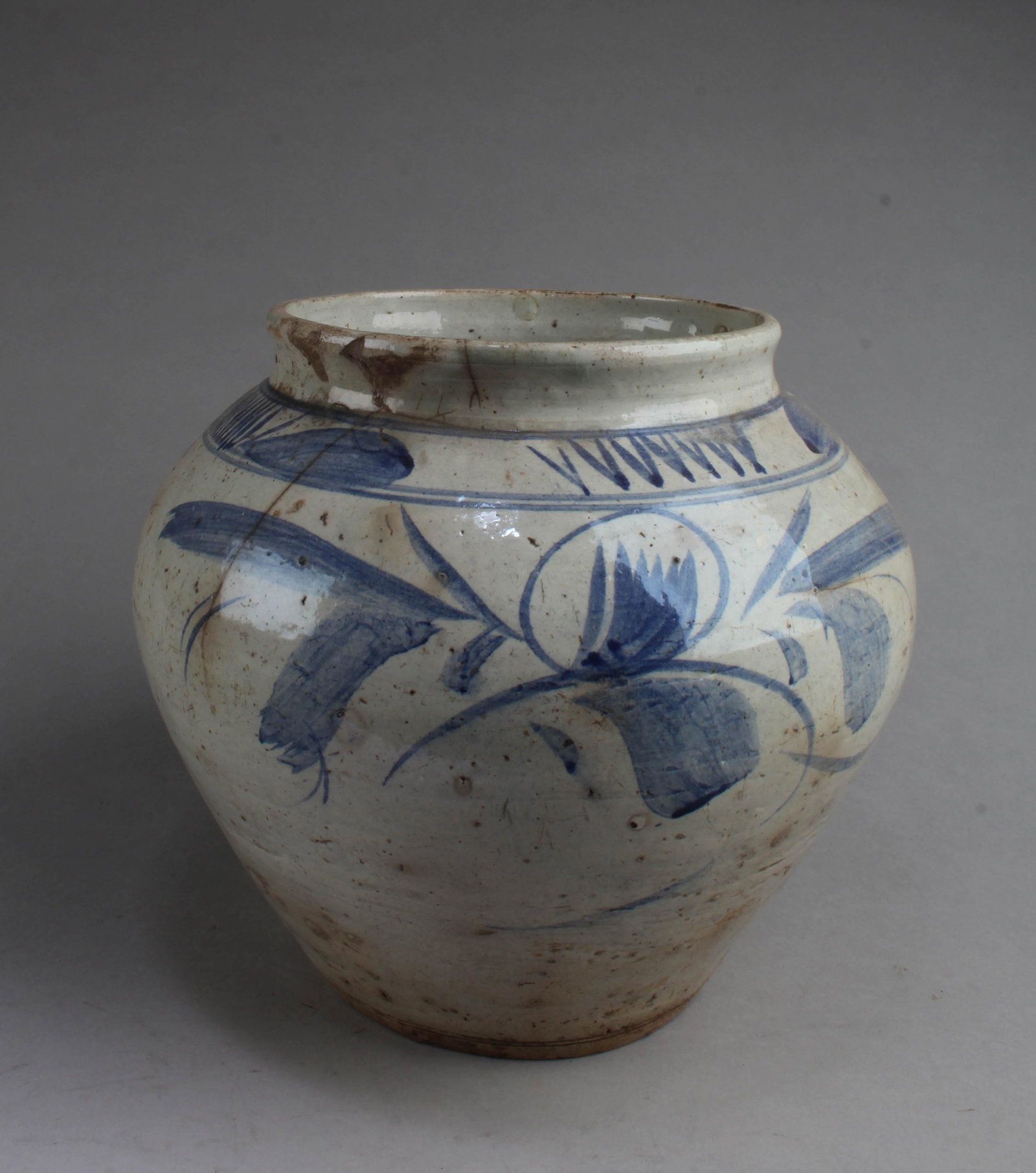 Korean Blue & White Porcelain Jar: Korean Blue & White Porcelain Jar. Height: 10 "
