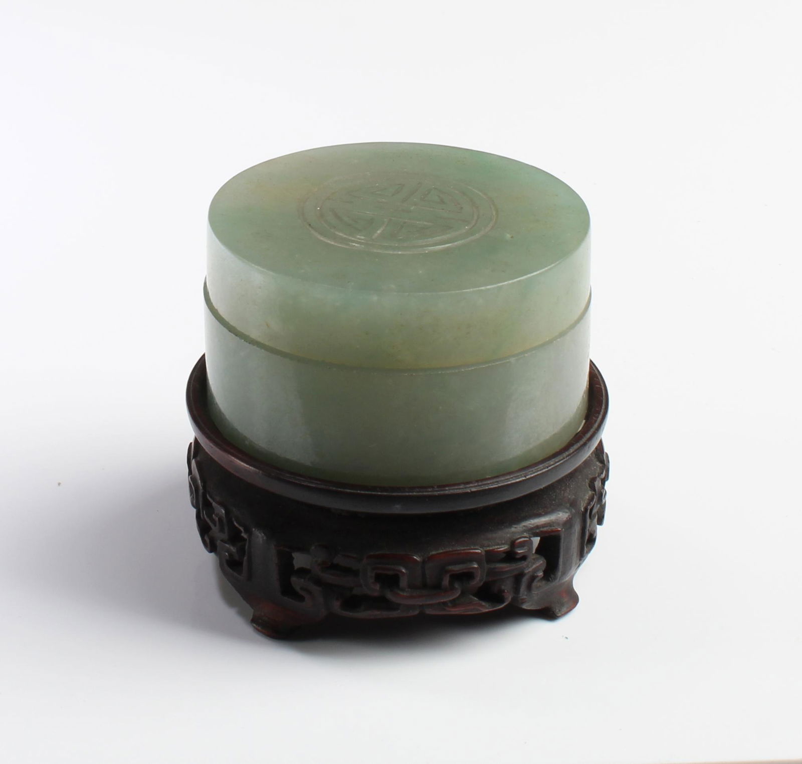 Antique Round Jade Ink Box with Wooden Stand. (1 of 3)