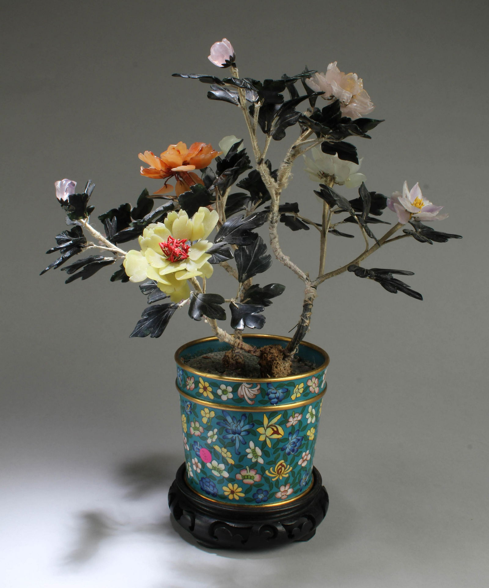 A Cloisonne Flower Pot with Agate Flower Petals (1 of 3)