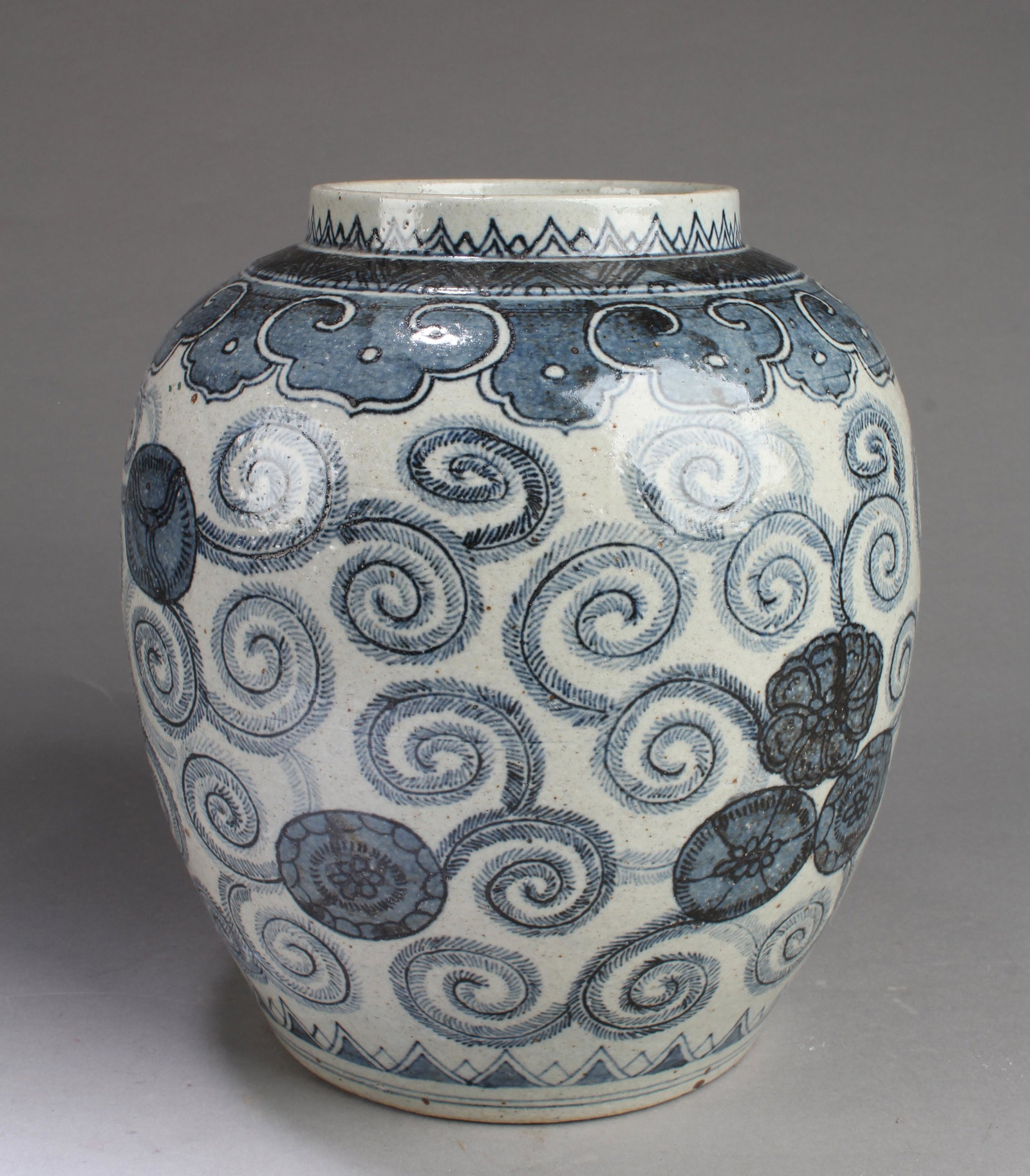 A Korean Blue & White Porcelain Jar: A Korean Blue & White Porcelain Jar. Height: 9.75"