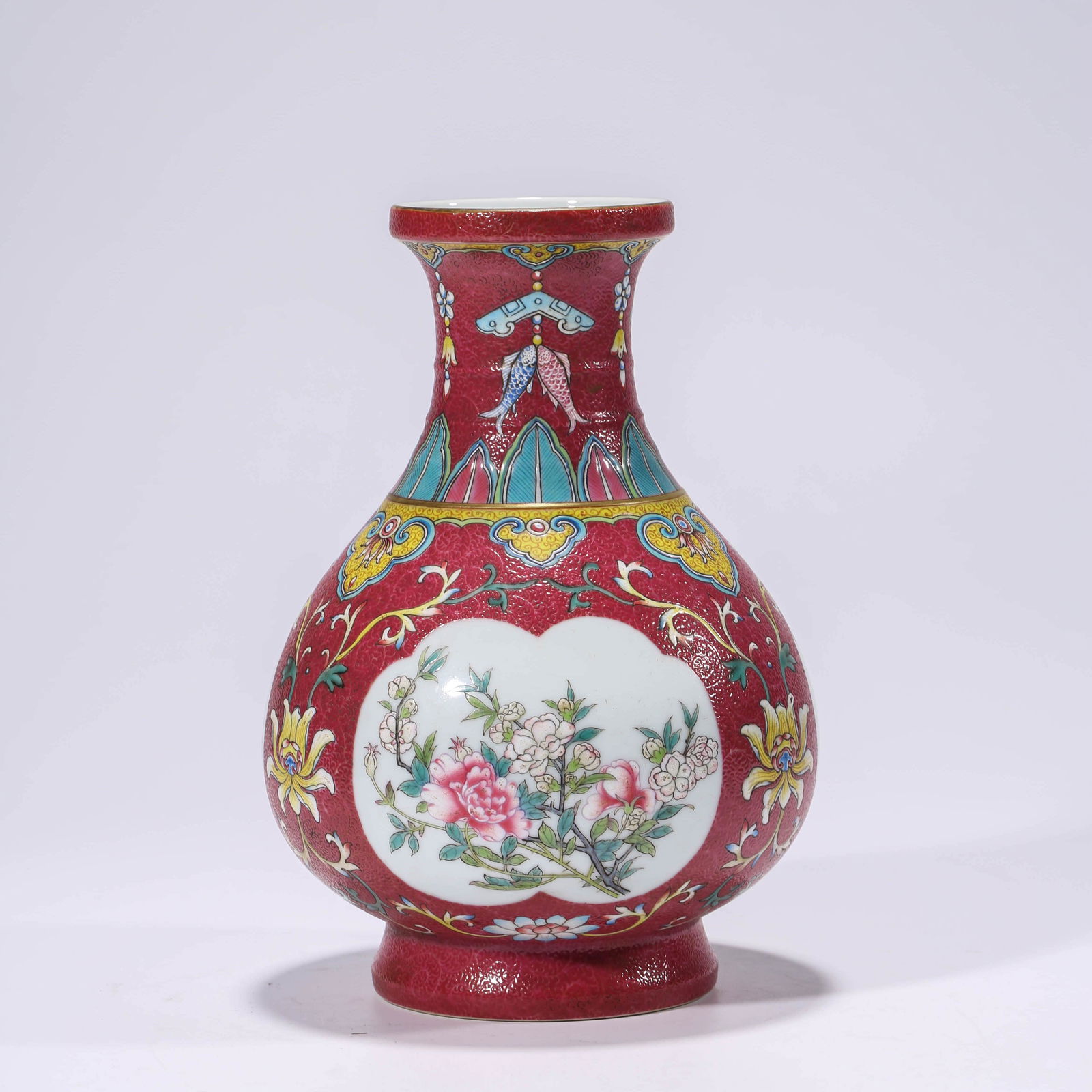 A rouge-red famille rose floral vase (1 of 8)