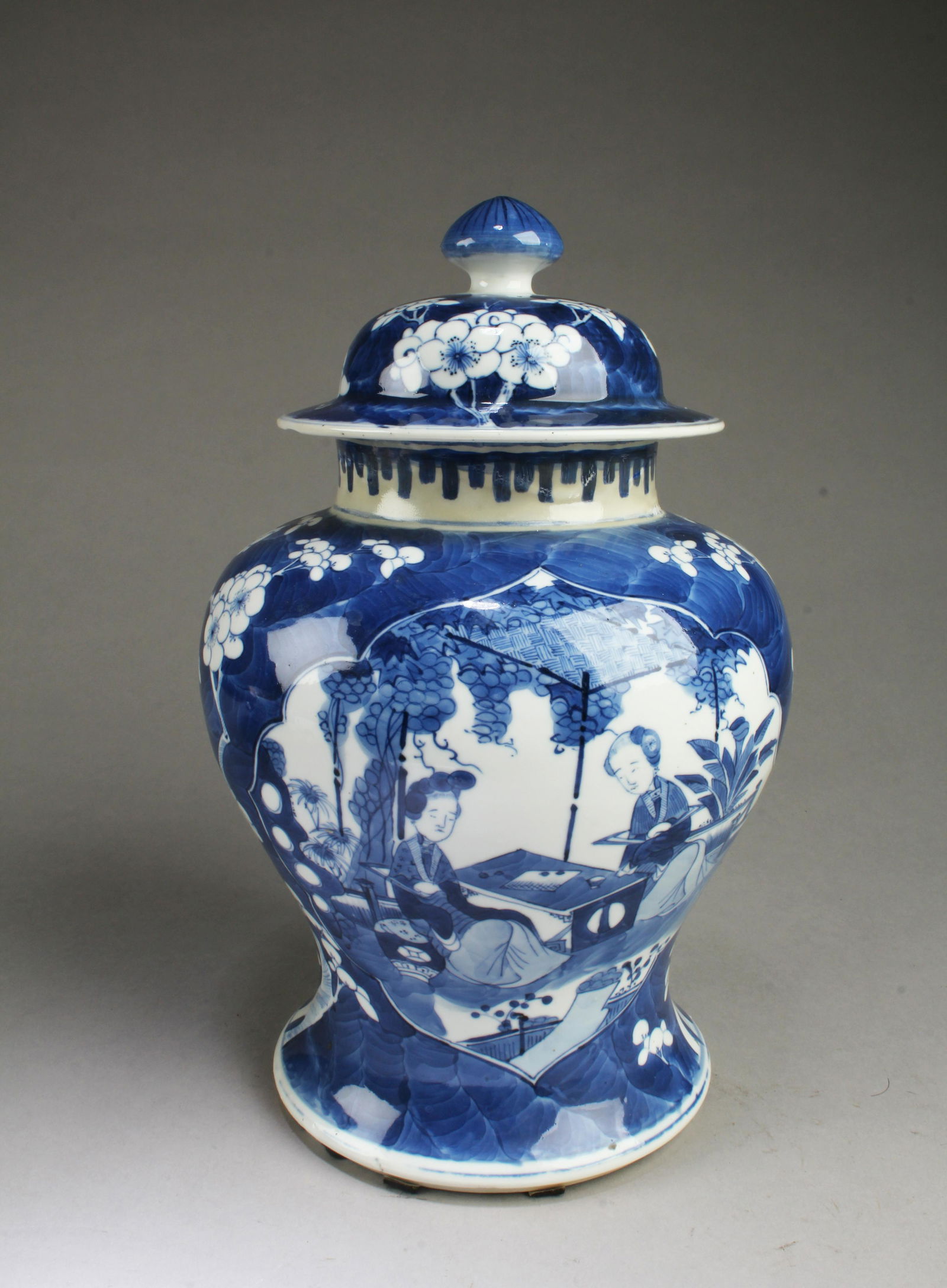 Chinese Blue & White Porcelain Jar: Chinese Blue & White Porcelain jar with lid. 'KangXi' mark at base. Height: 13.5"