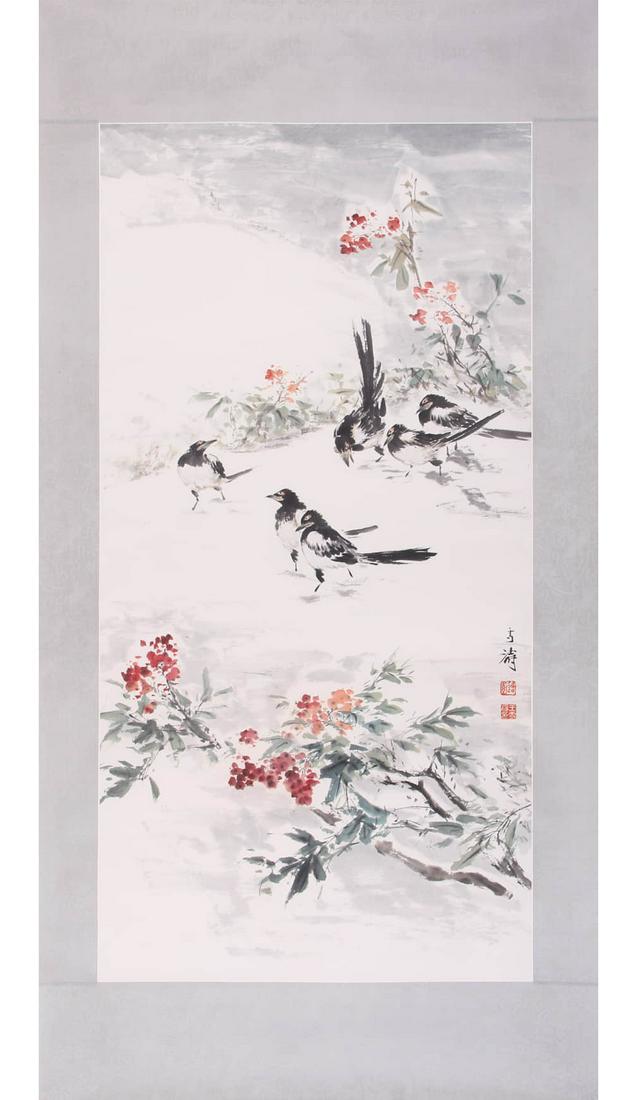 CHINESE PRUNUS AND MAGPIE PAINTING ON PAPER: WANG XUETAO MARK, CHINESE PRUNUS AND MAGPIE PAINTING ON PAPER. 98Ã—48cm,
