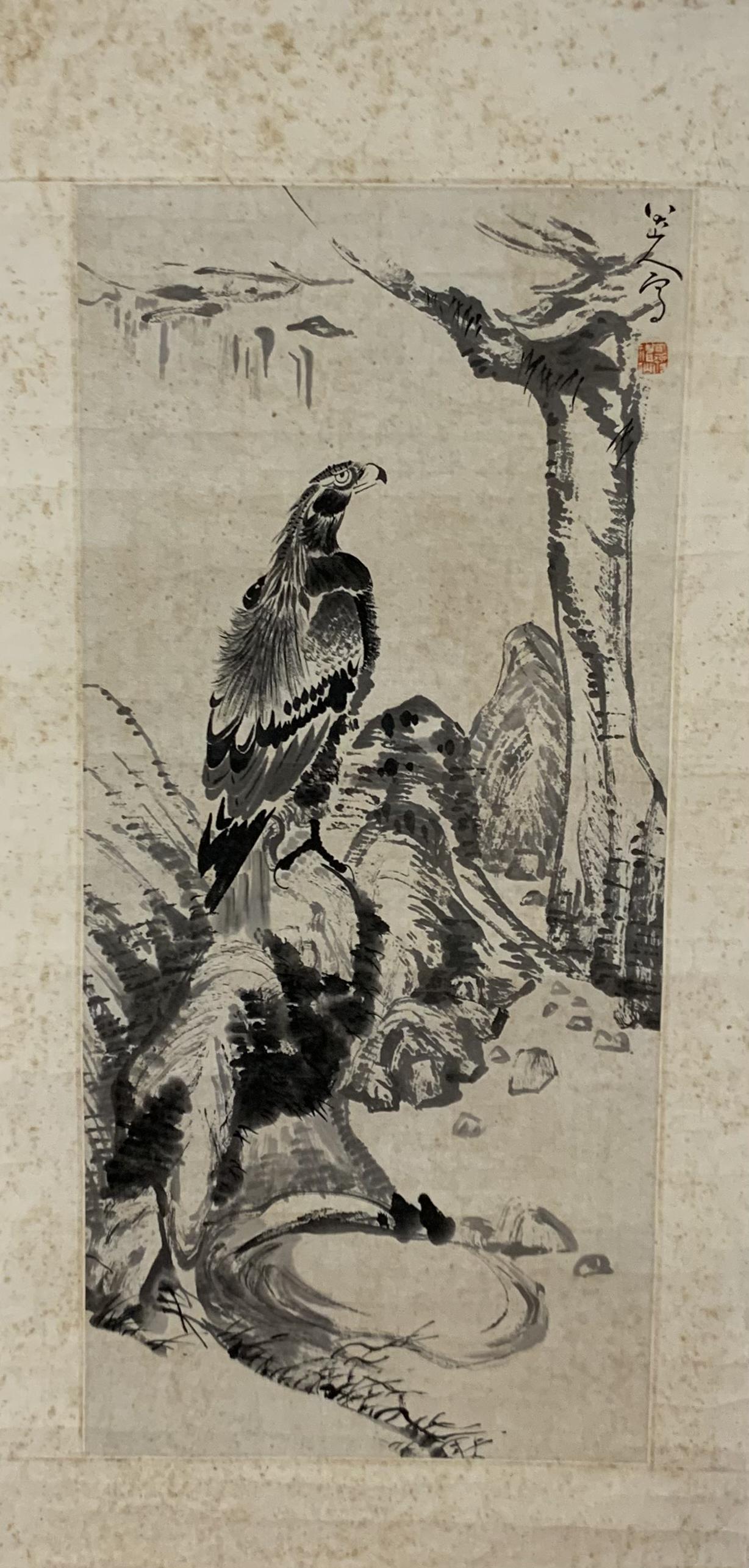 Chinese Painting: Ink on paper, depicting picture of an eagle, signed with seal attributed to Ba Da Shan Ren. Length: 16.9" Height: 37.4"
