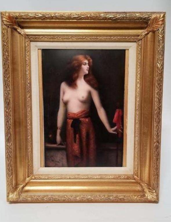 A GERMAN PORCELAIN PLAQUE, OF LADY IN A WRAP SKIRT (1 of 1)