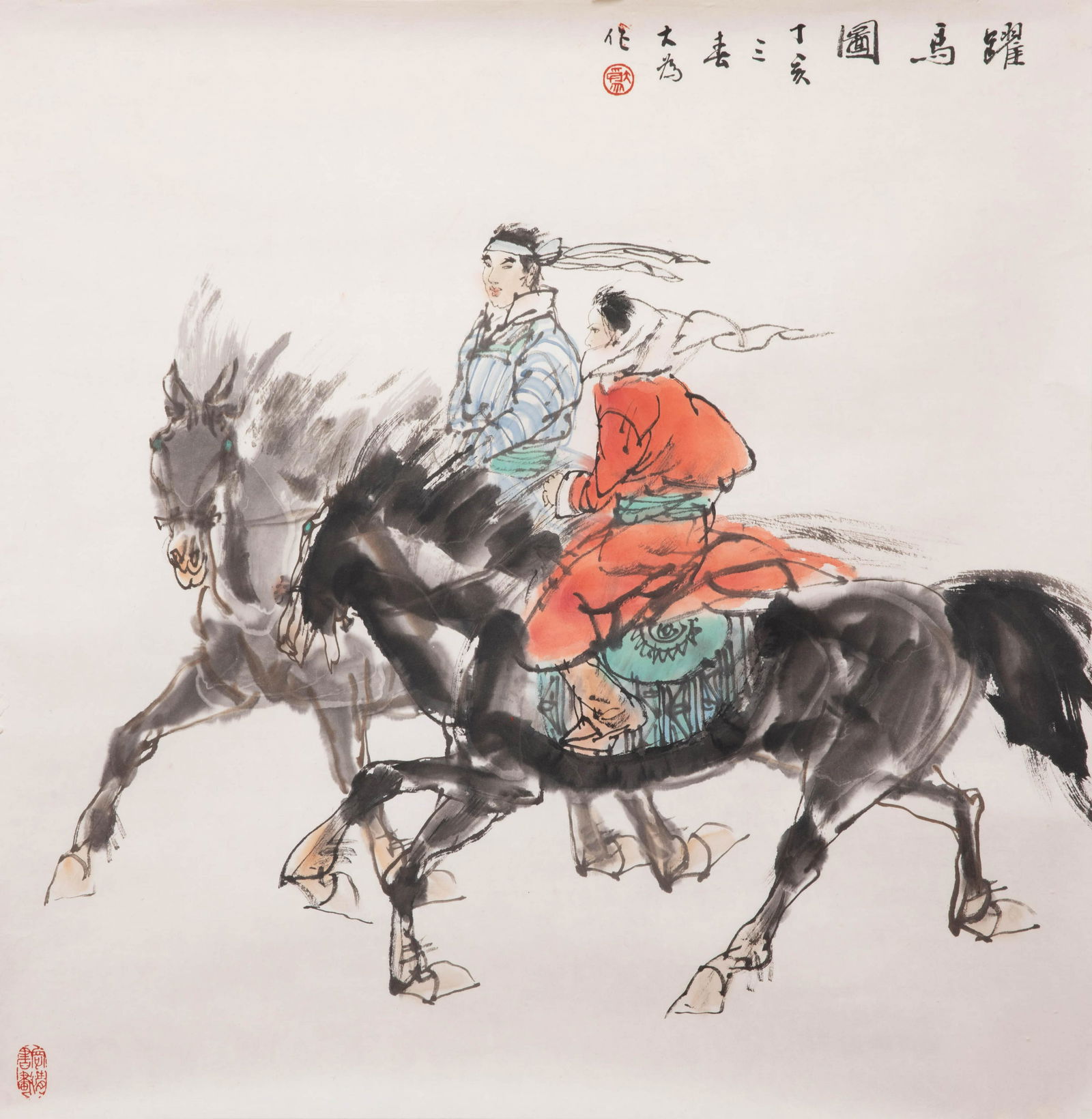 Chinese Figure Horsing Painting: Liu Dawei mark, Chinese Figure Horsing Painting, 68*68cmProvenance: Private artist collection, Monterey Park, California, USA