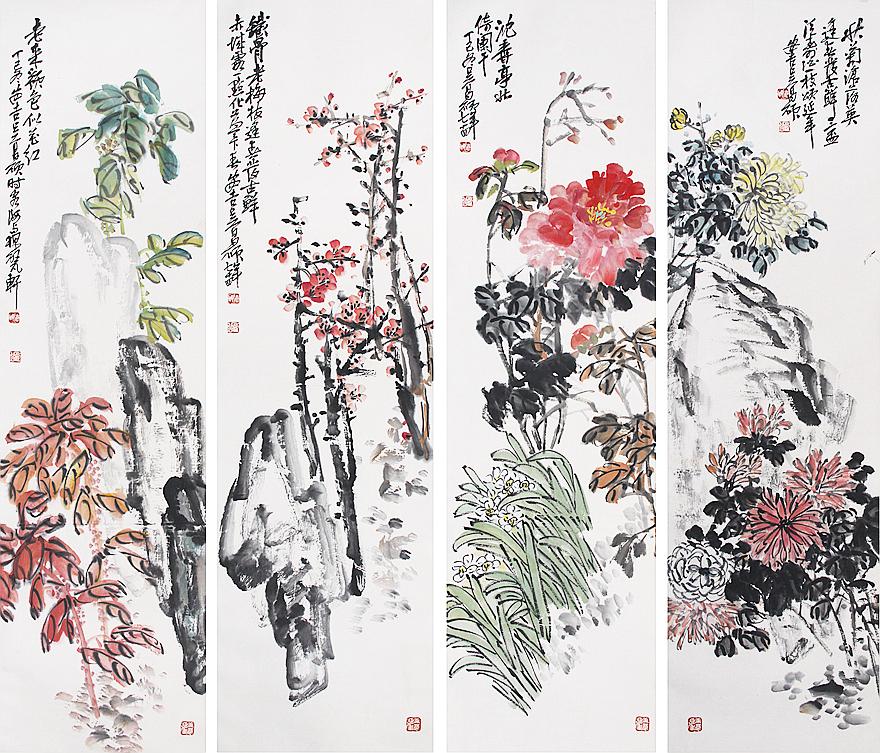 Four Chinese Flower Painting Scrolls (1 of 13)