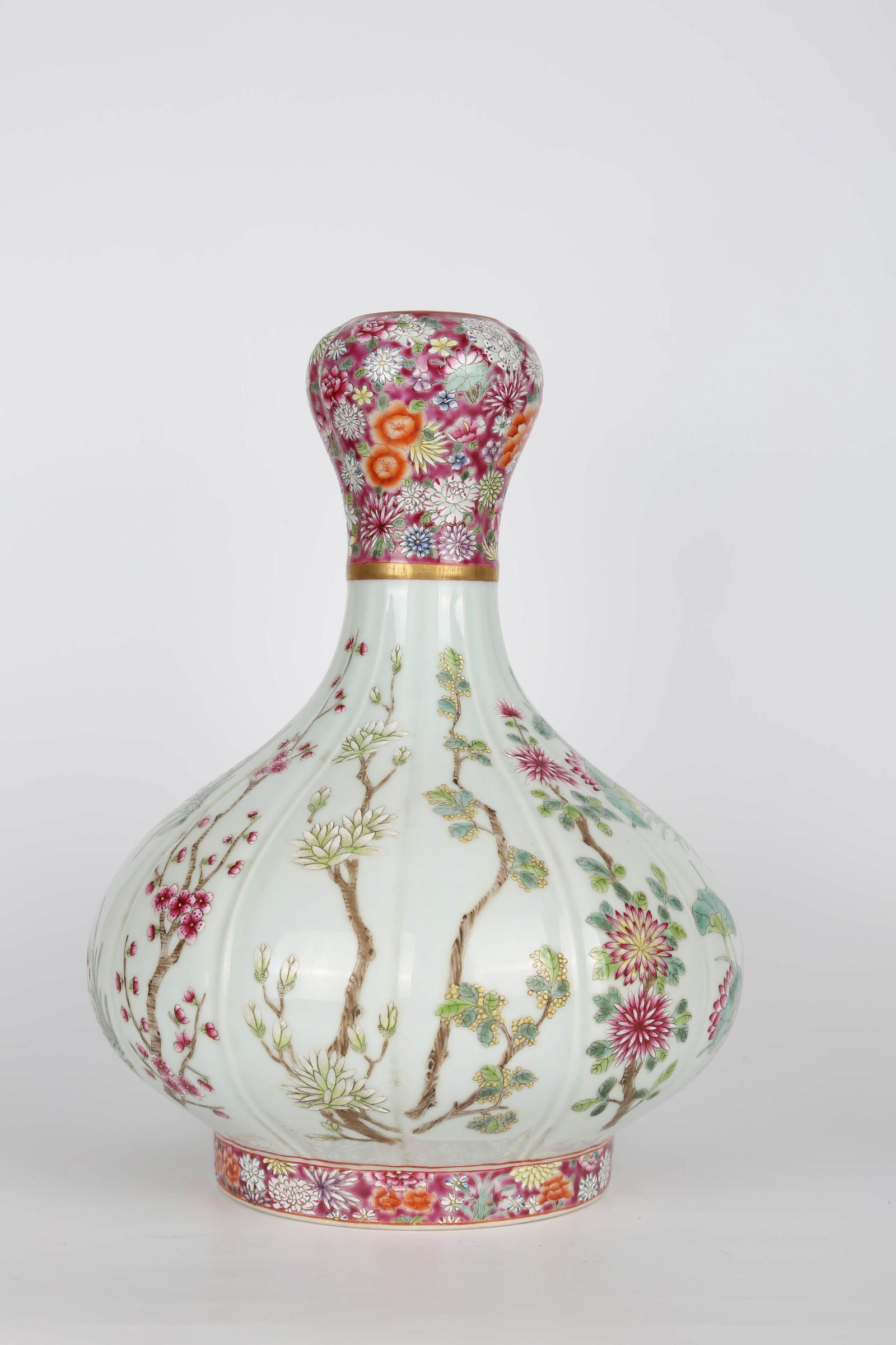 Famille Rose Flower And Tree Garlic-Head-Shape Vase (1 of 6)