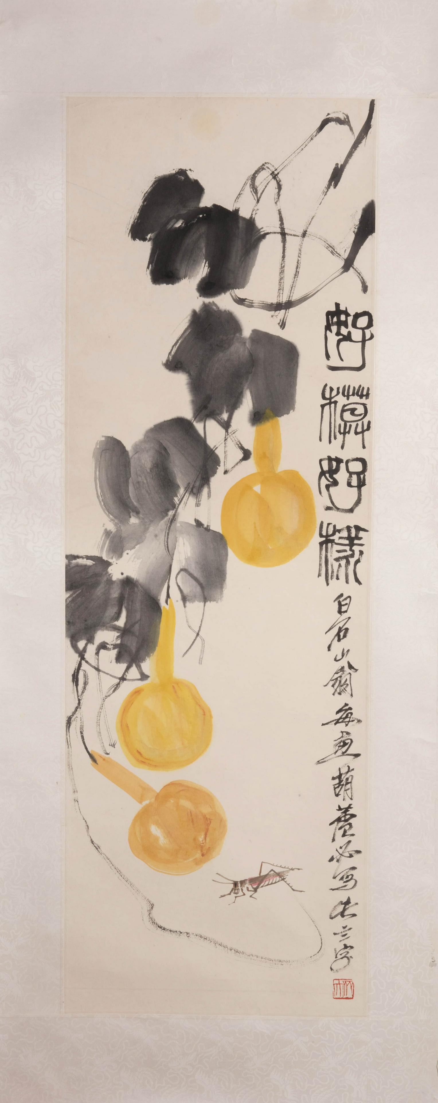 Chinese Double Gourds Paper Painting: Qi Baishi mark, Chinese Double Gourds Paper Painting, 101*36cm